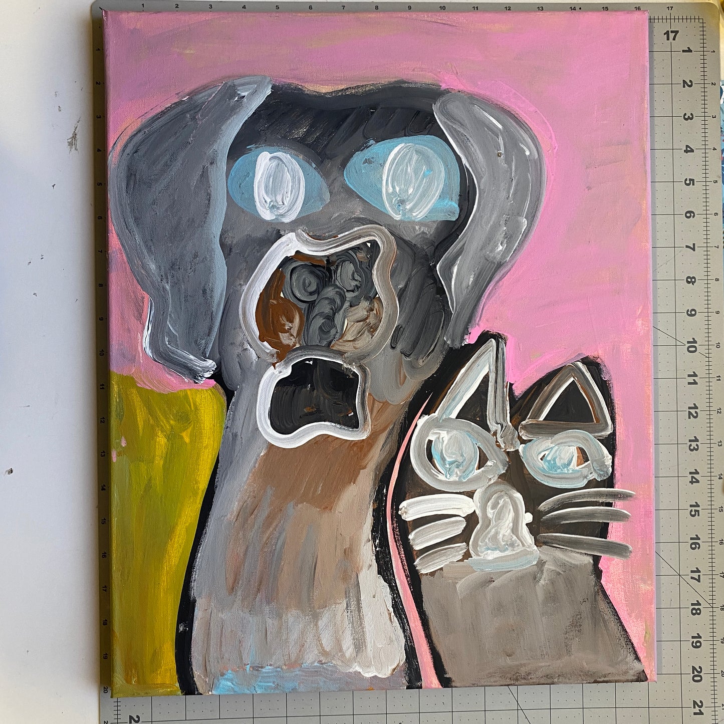 Acrylic Painting on Stretched Canvas Original Fine Art 20-inch x 16-inch Dog Cat by Emily Knoles