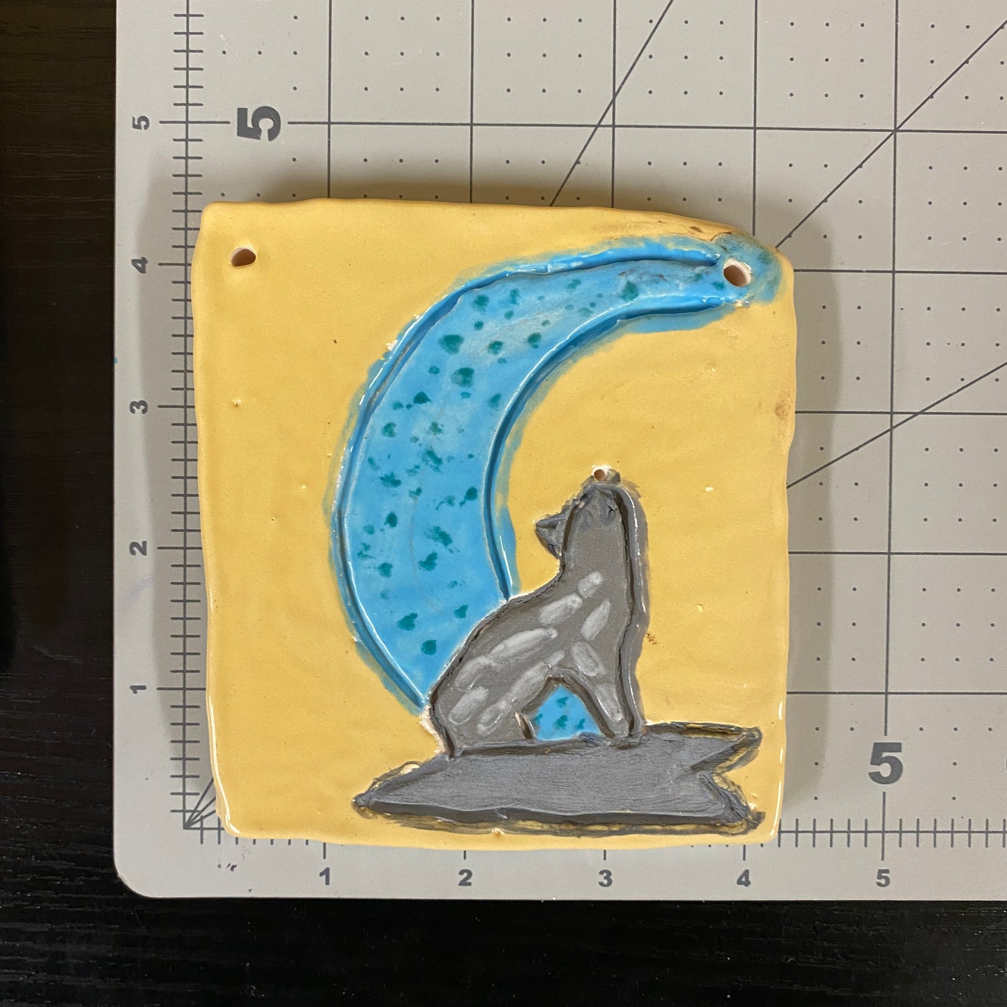 Ceramic Arts Handmade Clay Crafts Glazed 4.5-inch x 4.5-inch Wolf Moon made by Morgan Fox