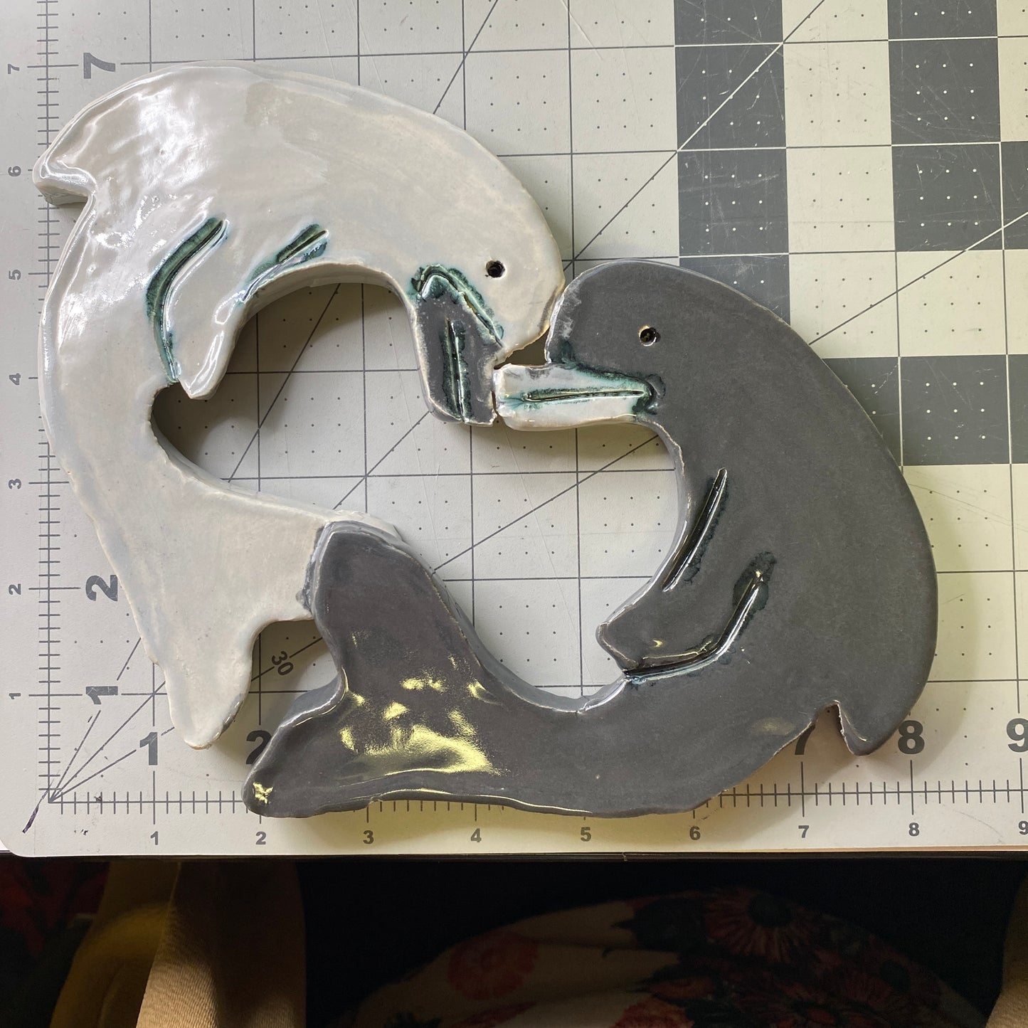 Ceramic Arts Handmade Clay Crafts Glazed Dolphins 8.5-inch by 7-inch made by Eric Stacy