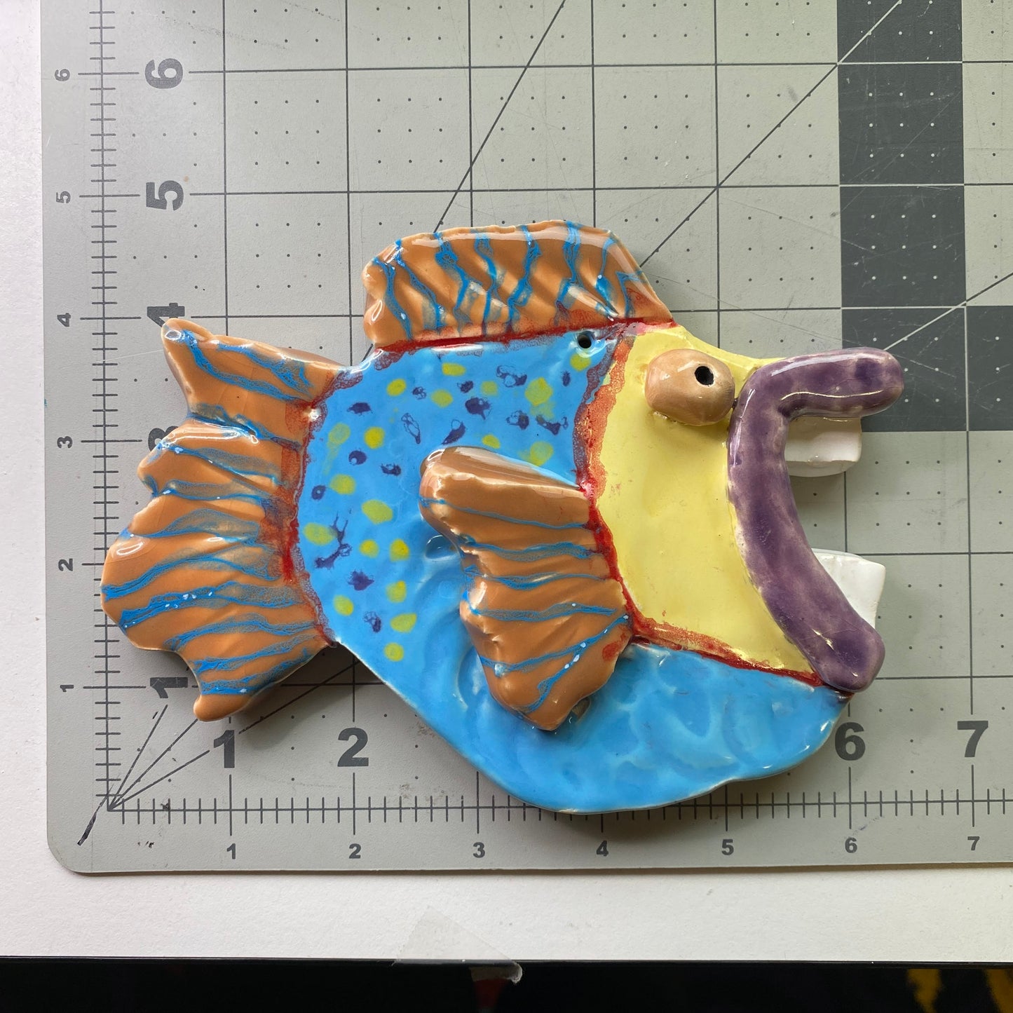 Ceramic Arts Handmade Clay Crafts Glazed Fish with Teeth 6.5-inch by 5-inch made by Monty Chu and Brian Bass 4053