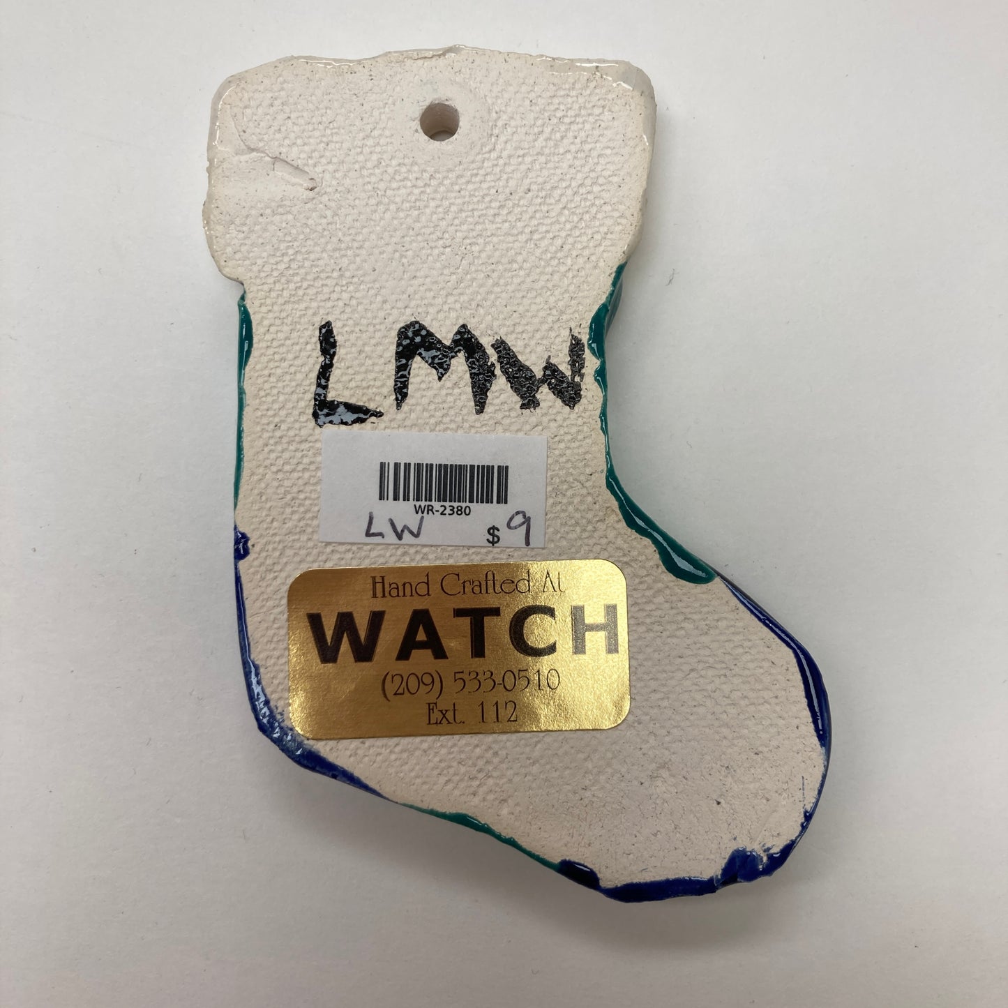 WATCH Resources Art Guild - Ceramic Arts Handmade Clay Crafts 4-inch x 3-inch Glazed Christmas Stocking made by Lisa Uptain