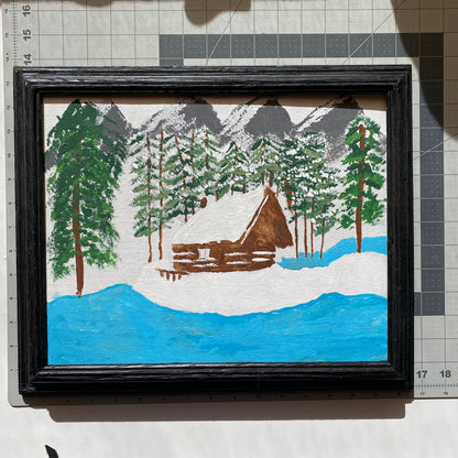 14 x 17 Framed Acrylic Snowy House Painting on Stretched Canvas by Terry Ogletree – Original Fine Art