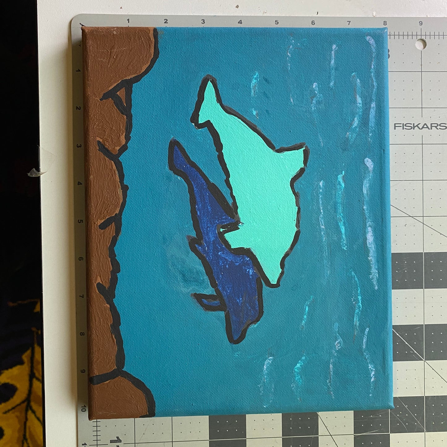 Acrylic Painting on Stretched Canvas Original Fine Art 10-inch x 8-inch Dolphins by Terry Morrow