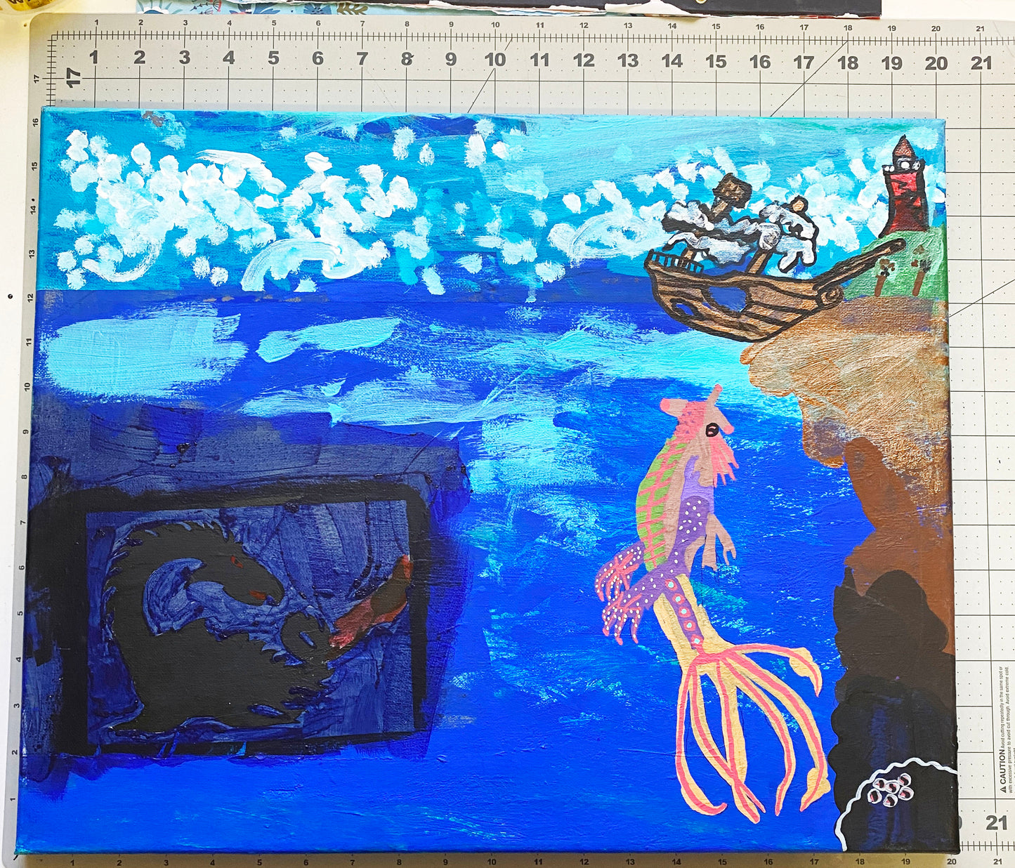 Acrylic Painting on Stretched Canvas Original Fine Art 20-inch x 16-inch Leviathan by Jeffrey Kohler-Crowe and Lukas Miller