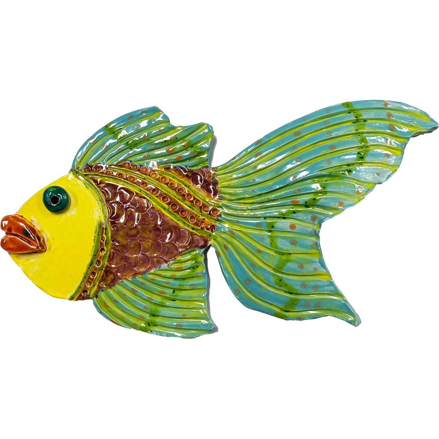 Ceramic Arts Handmade Clay Crafts 10.5-inch x 6-inch Glazed Fresh Fish with Lips by Daniella Messamore