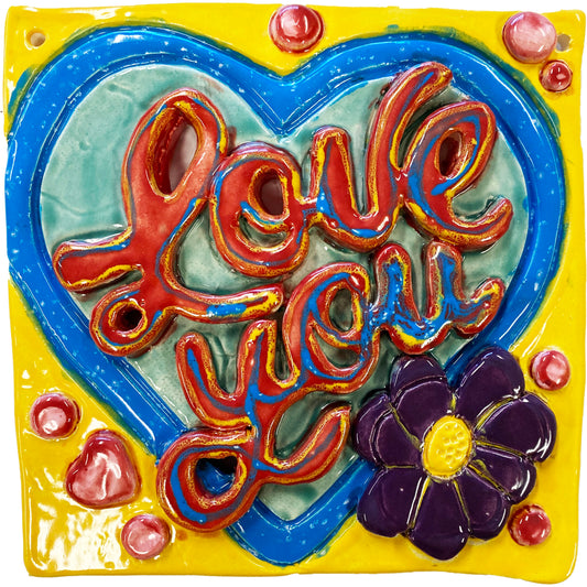 Ceramic Arts Handmade Clay Crafts 6.5-inch x 6.5-inch Glazed "Love You" Tile by Lisa Uptain