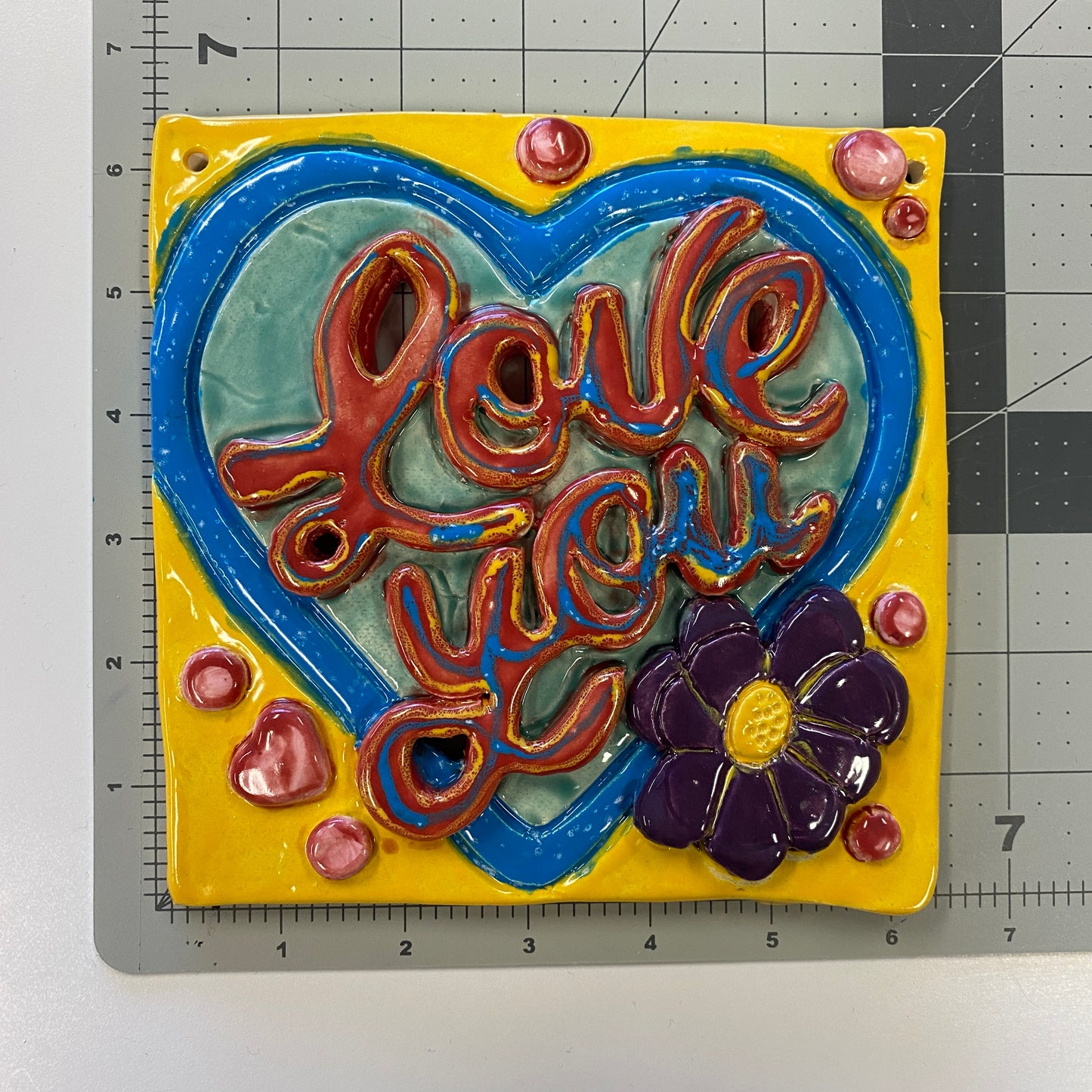 Ceramic Arts Handmade Clay Crafts 6.5-inch x 6.5-inch Glazed "Love You" Tile by Lisa Uptain