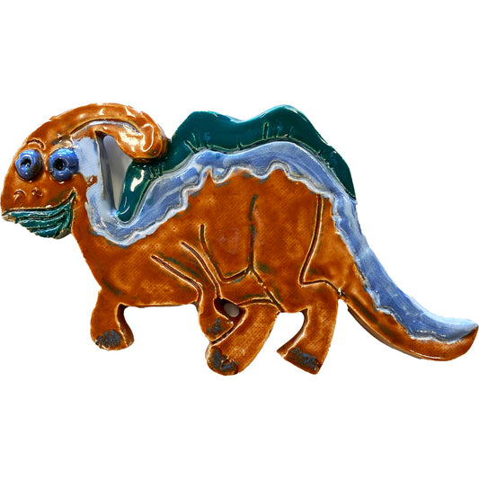Ceramic Arts Handmade Clay Crafts 9-inch x 5-inch Glazed Dinosaur made by Lisa Uptain