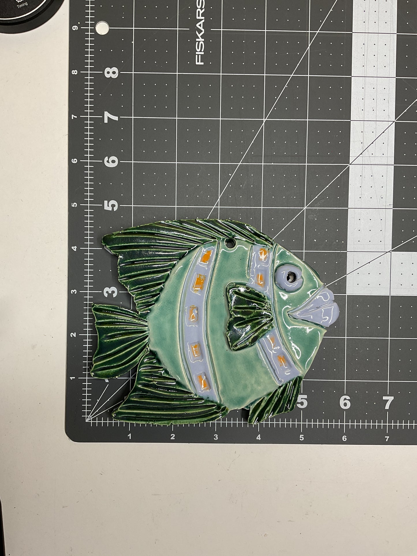 Ceramic Arts Handmade Clay Crafts Glazed Fish 6-inch by 5-inch made by Lisa Uptain and WATCH 4763
