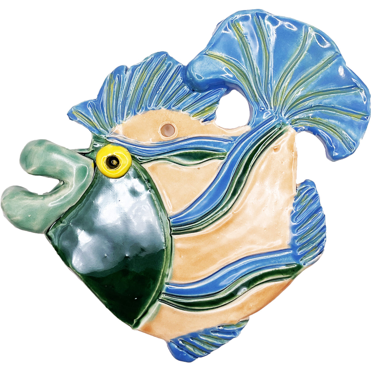 Ceramic Arts Handmade Clay Crafts Glazed Fish 6.5-inch by 6-inch made by Lisa Uptain and WATCH 4788