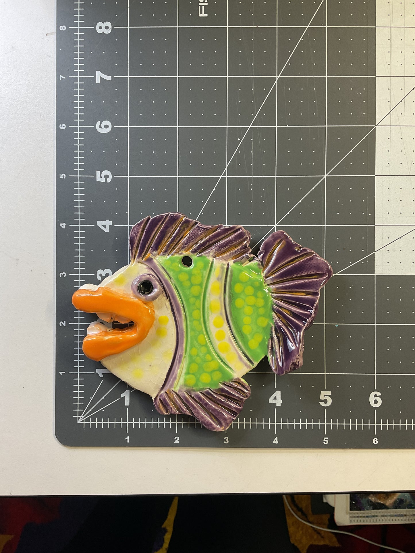 Ceramic Arts Handmade Clay Crafts Glazed Fish with Teeth 5-inch by 4-inch made by Lisa Uptain and Karissa Archer 4690