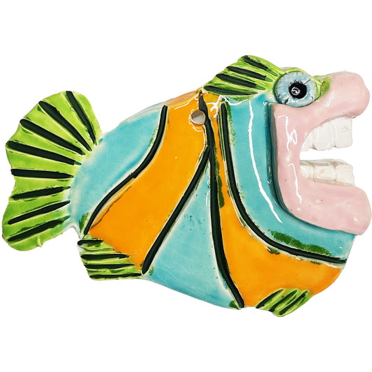 Ceramic Arts Handmade Clay Crafts Glazed Fish with Teeth 6-inch by 4.5-inch made by Lisa Uptain and Anonymous 4676