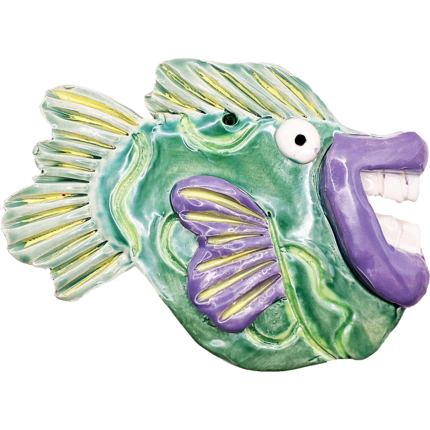 Ceramic Arts Handmade Clay Crafts Glazed Fish with Teeth 6.5-inch by 4.5-inch made by Lisa Uptain and Anonymous 4712