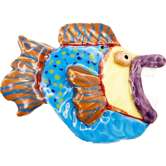 Ceramic Arts Handmade Clay Crafts Glazed Fish with Teeth 6.5-inch by 5-inch made by Monty Chu and Brian Bass 4053