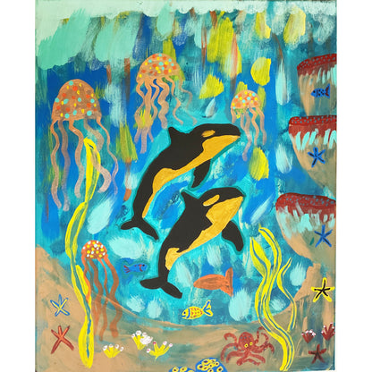 Framed Acrylic Painting on Stretched Canvas Original Fine Art 20-inch x 16-inch Orcas by Lisa Uptain 4536