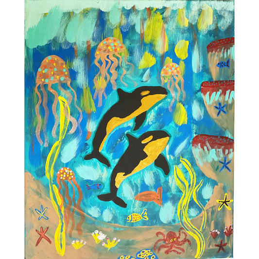 Framed Acrylic Painting on Stretched Canvas Original Fine Art 20-inch x 16-inch Orcas by Lisa Uptain 4536