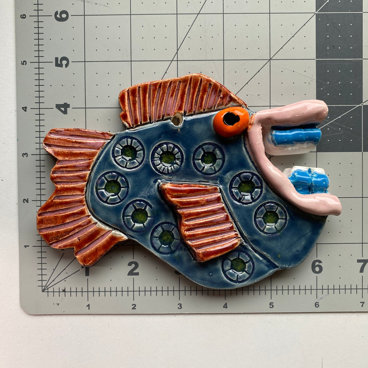 Handmade Ceramic Arts: Glazed Fish with Braces 6.5-inch x 4.5-inch by Eric Stacy