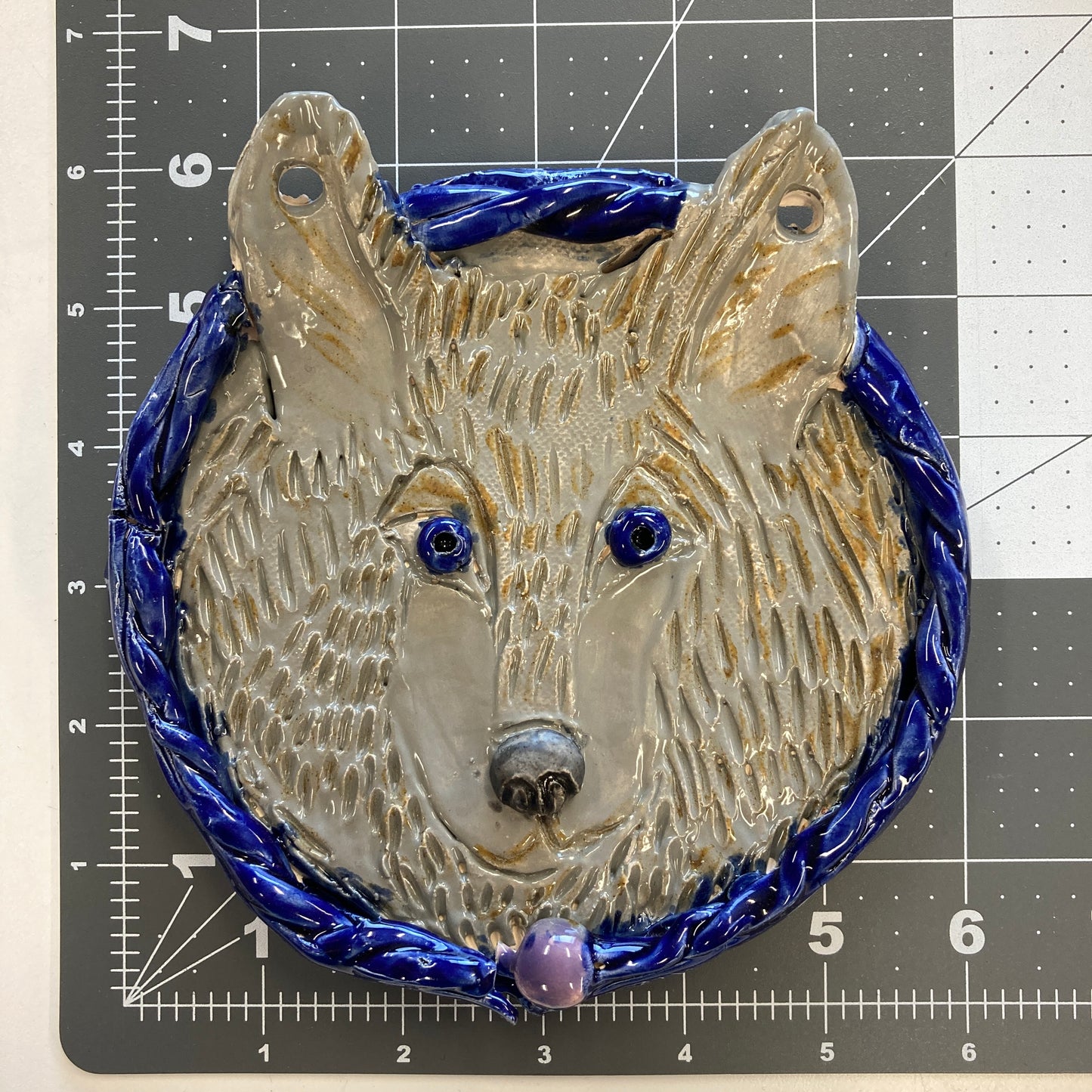 Ceramic Arts Handmade Clay Crafts 6.5-inch x 6-inch Glazed Wolf made by Lisa Uptain